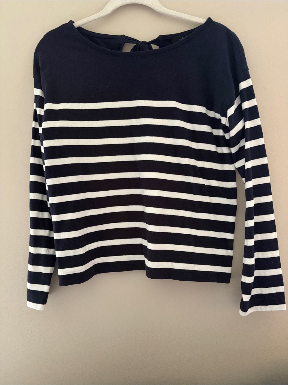 J. Crew Navy and White Striped Mariner Top with Tie Back XS